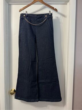 WHBM High-Rise Dark Blue Flared Jeans with Decorative Gold Chain Detail
